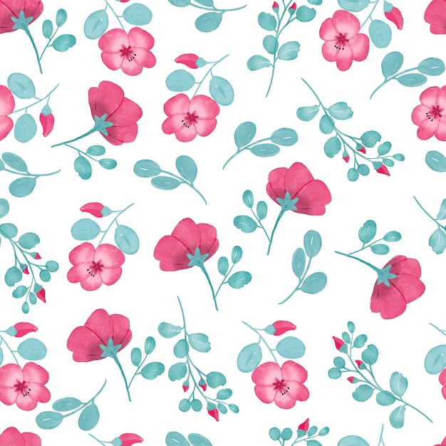 Pink flower watercolor pattern design with pink pastel color and tosca leaf color