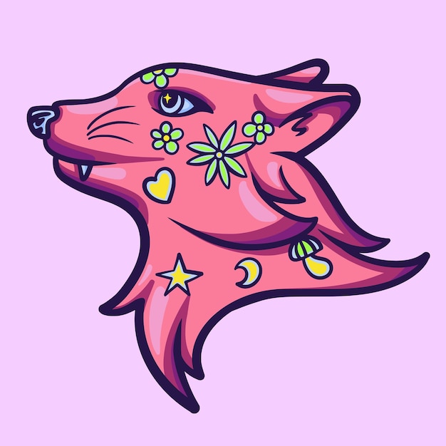 Pink Flower Wolf Tattoo Cartoon