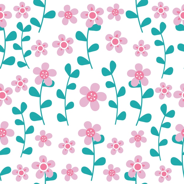 Pink flowers and cyan leaves seamless pattern on white background 