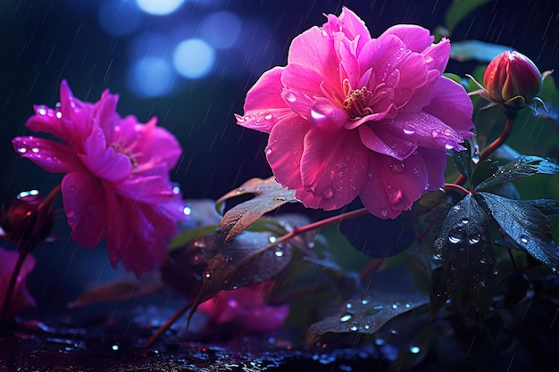 pink flowers in the rain with rain drops