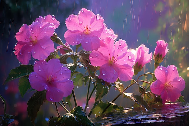 pink flowers with rain drops on them and the rain drops falling