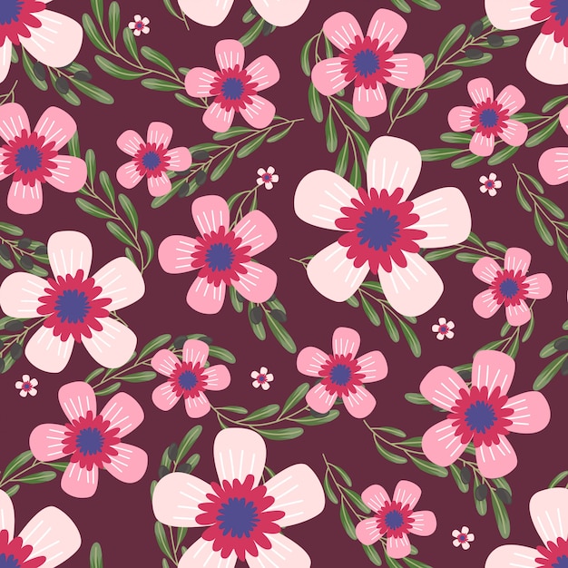 Pink flowers wreath ivy style with branch and leaves, Seamless pattern