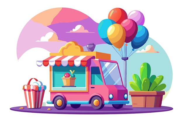 A pink food truck with an awning balloons popcorn and a potted plant