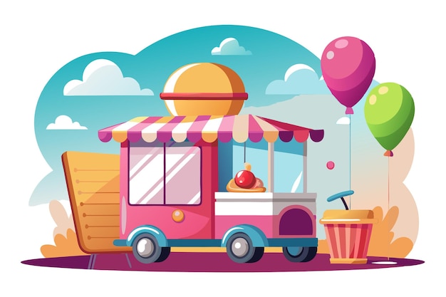 Vector pink food truck with striped awning balloons and a trash can on a sunny day