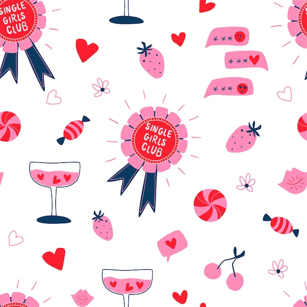 Pink Galentines day seamless pattern Girlfriend day repeat background Vector girls club paper print