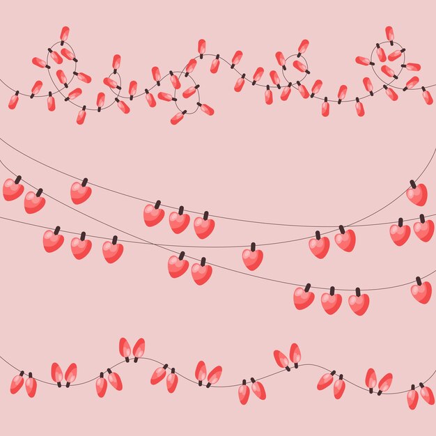 Vector pink garland for valentine's day or wedding. light bulbs of various shapes - hearts, flashlights.