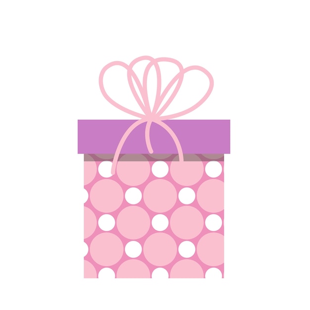 Pink gift box with polka dots with pink bow Flat vector