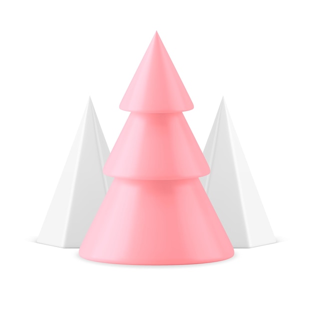 Pink girlish Christmas tree winter holiday composition triangle pyramid realistic 3d icon vector