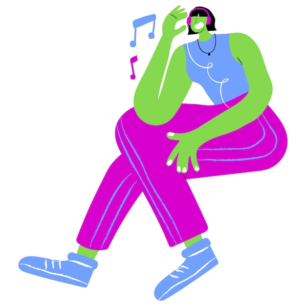 pink green leady character listening music illustration