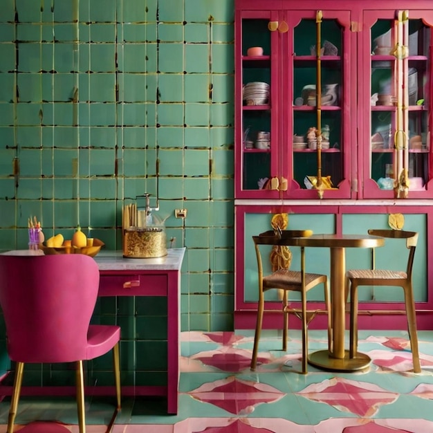 a pink and green tiled floor with a pink table and chairs