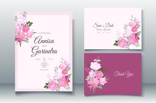 Pink Greenery Floral wedding Invitation set Template premium vector