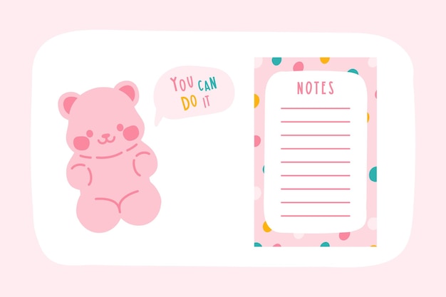 Pink gummy bear illustration and colorful notepad or planner page.