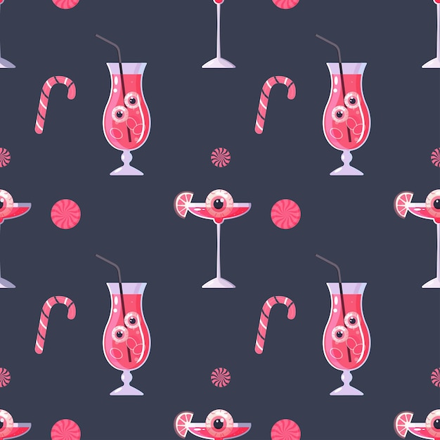 Pink Halloween pattern seamless with cocktail eyes Trick Vector Illustration