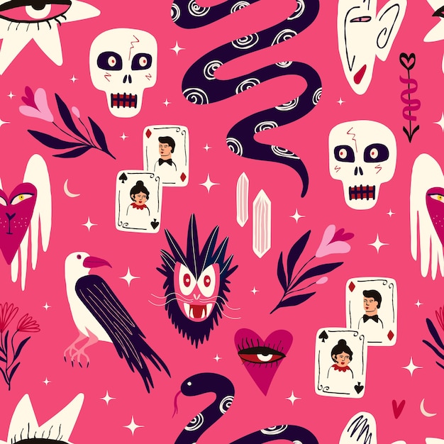 Pink Halloween pattern with magical mystical esoteric magical Gothic symbols