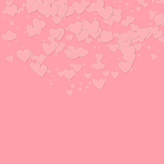 Pink heart love confettis. Valentine's day semicircle cute background. Falling stitched paper hearts confetti on pink background. Dazzling vector illustration.