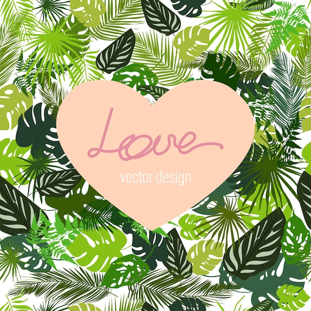 Pink heart Love inside on the background of a seamless background with tropical leaves