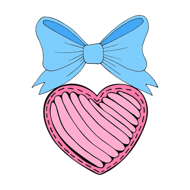 Pink heart with blue ribbon bow Romantic flat illustration Love card Valentine Hand drawn vector simple graphics Isolated doodle design element