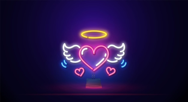 Pink heart with wings. Neon sign. Retro neon sign in the shape of a heart on a stand. Design elements for a Happy Valentine's Day. Ready for your design, greeting card, banner. Vector illustration