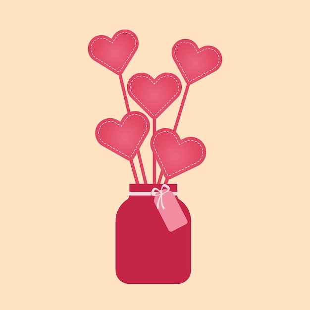 Pink hearts on a stick in a jar with a gift tag Vector illustration