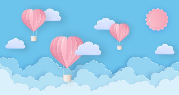 Pink hot air balloons flying in the sky with clouds and sun Greeting card in paper cut style