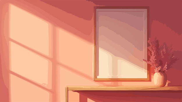 a pink house with a picture frame on the wall