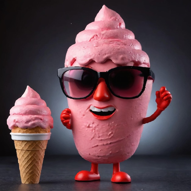 Pink ice cream cone with glasses and a strawberry on it