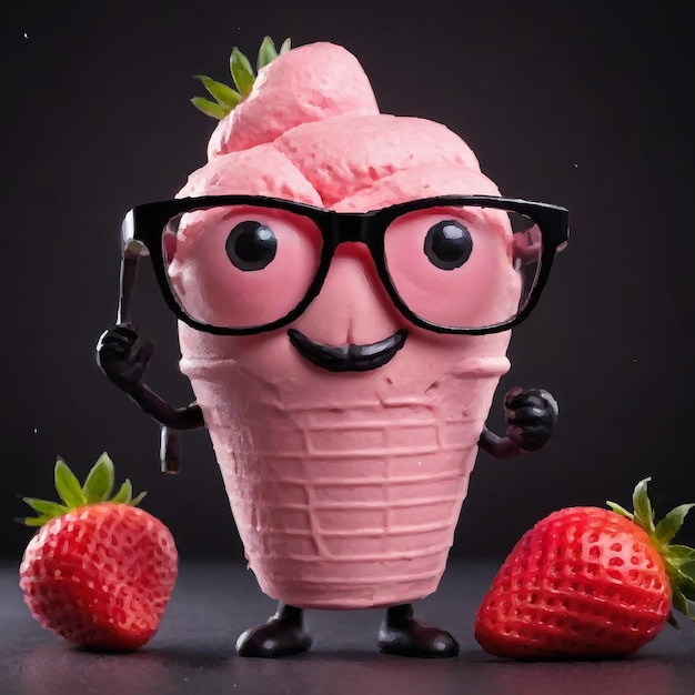 Pink ice cream cone with glasses and a strawberry on it