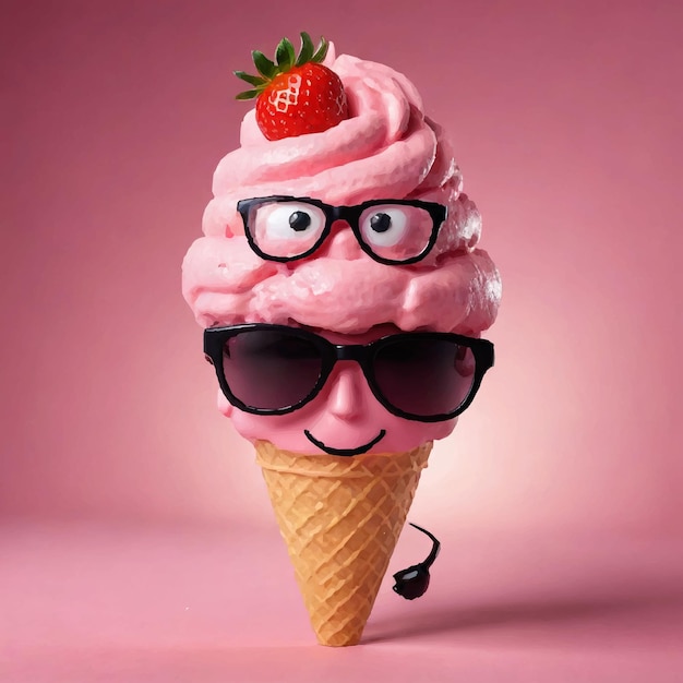 Vector pink ice cream cone with glasses and a strawberry on it