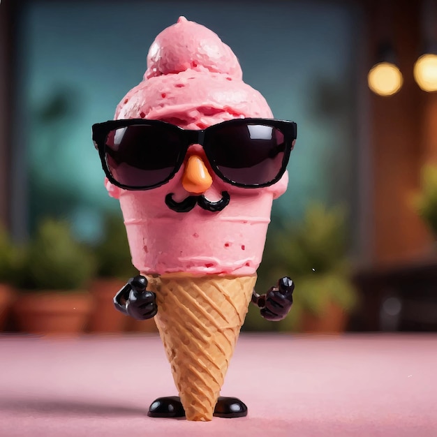 Pink ice cream cone with glasses and a strawberry on it