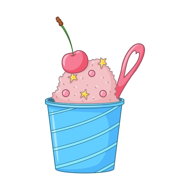 Pink Ice cream with sprinkles cherry and cute spoon in a bucket Dairy cold dessert Seasonal sweet food Colored doodle hand drawn Vector illustration isolated on white background Cartoon style