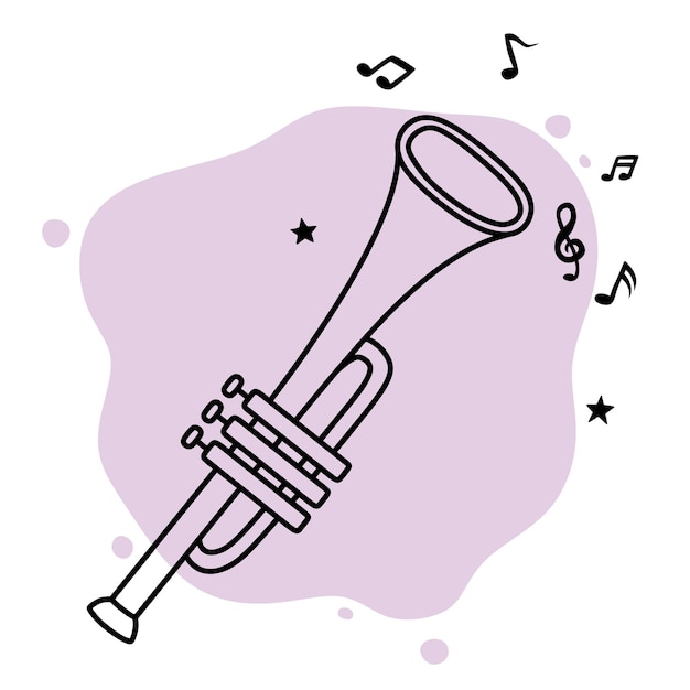 A pink illustration of a trumpet with music notes on it