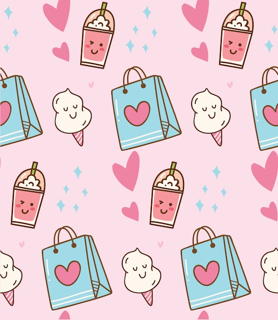 Pink kawaii background with gift bag and cotton candy