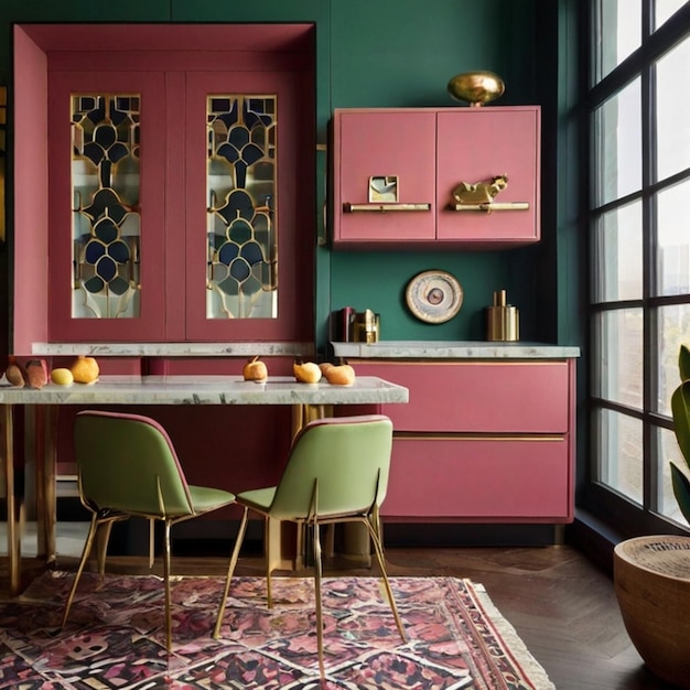 a pink kitchen with a green wall and a table with chairs and a potted plant