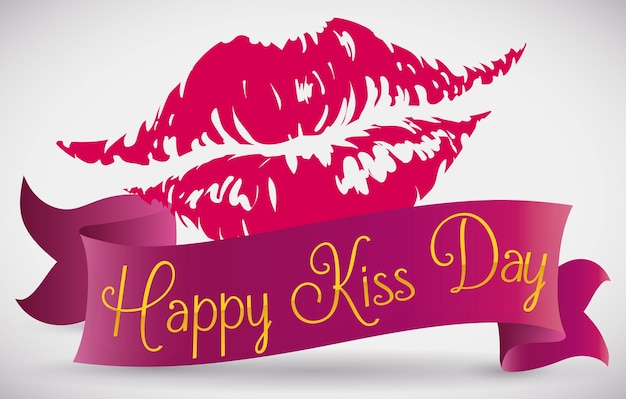 Pink lipstick mark with a purple ribbon around it and greeting message for Kiss Day