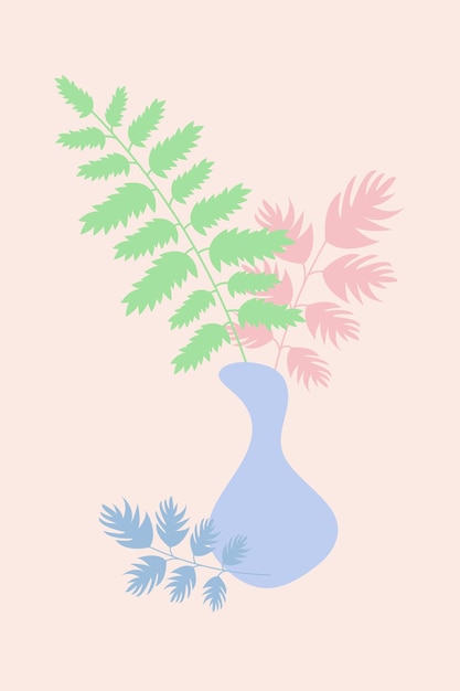 Pink minimalist botanical poster with colored leaf branches in a vase