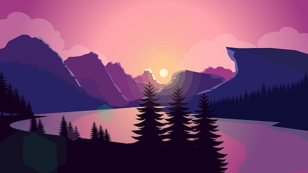 Vector pink mountains landscape background sunset mountains