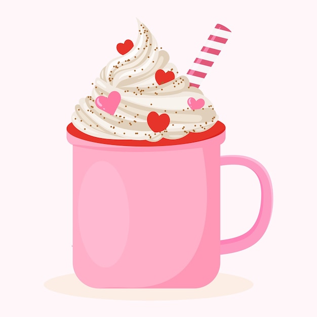 Pink mug with buttercream for Valentine's Day. Cup of coffee, cocoa with cream, decorative hearts.