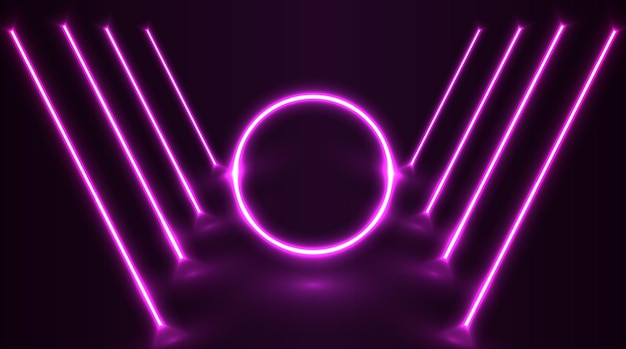 Pink neon circle with color laser along a corridor