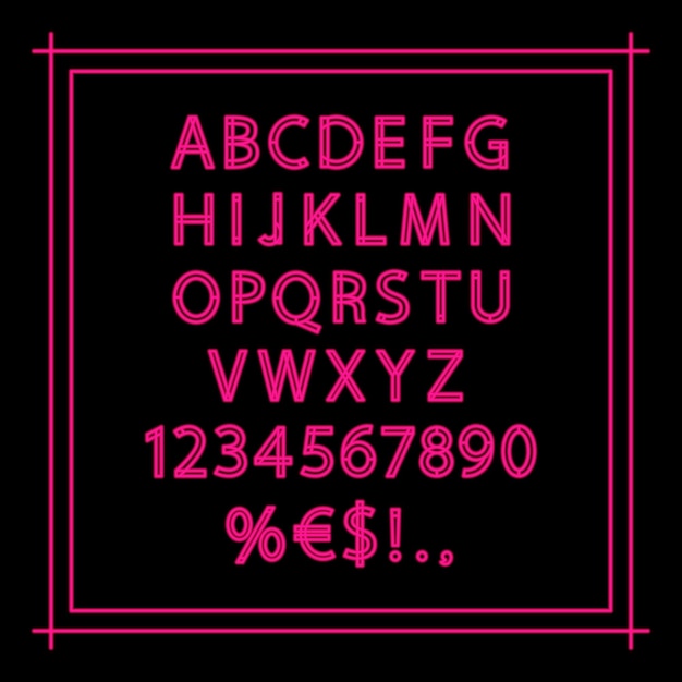 Pink Neon Linear Vector Alphabet with Capital Letters, Numbers and Symbols