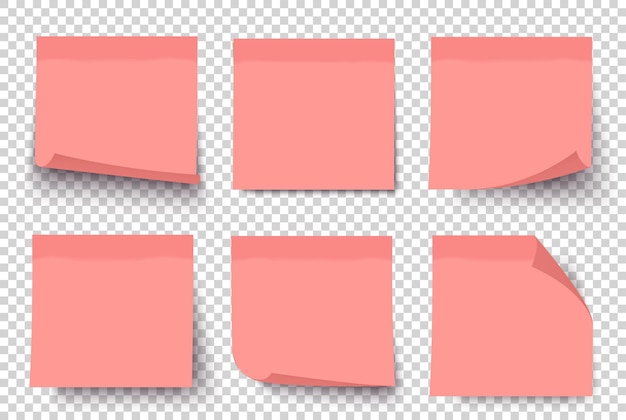 Pink note 3D paper posts stickers set on transparent background