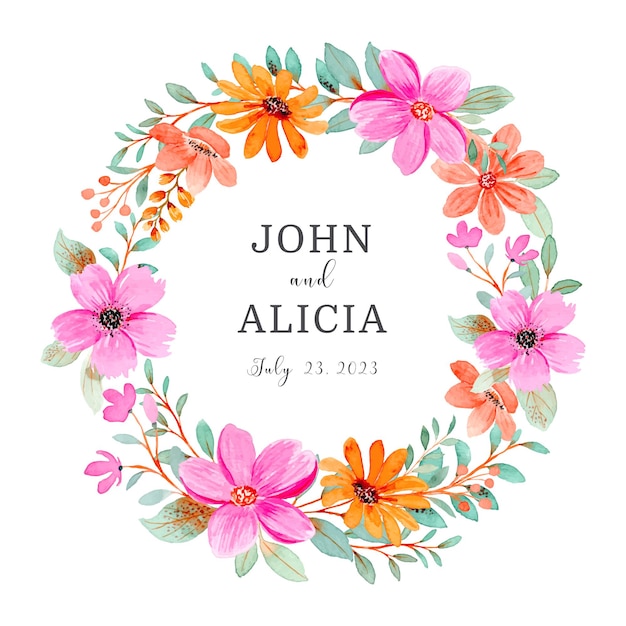 Pink orange floral wreath with watercolor