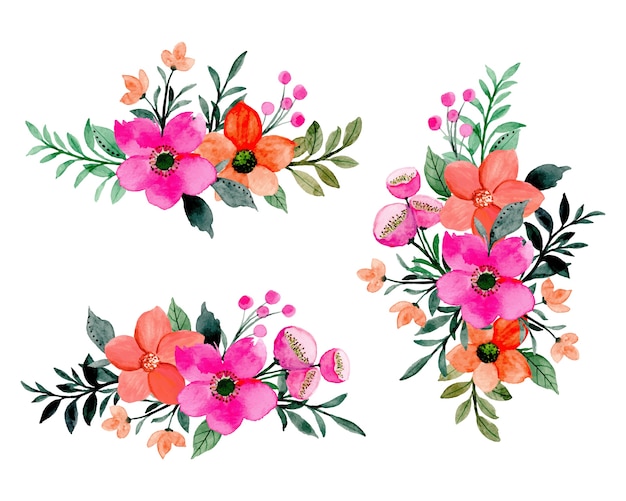 Pink orange flower bouquet collection with watercolor