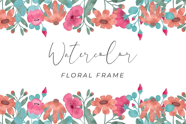 Pink and orange pastel flower watercolor frame background with pink pastel color and tosca leaf color