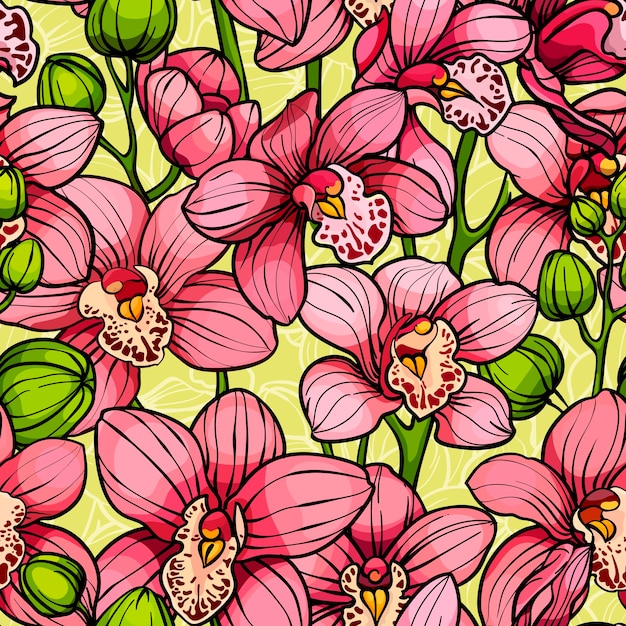 Pink orchids seamless vector pattern hand drawn illustration Exotic tropical flowers