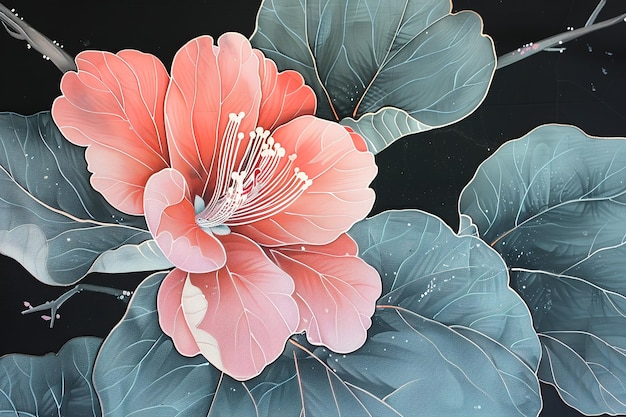 Pink painting of a flower with leaves in the style of black background traditional craftsmanship bli