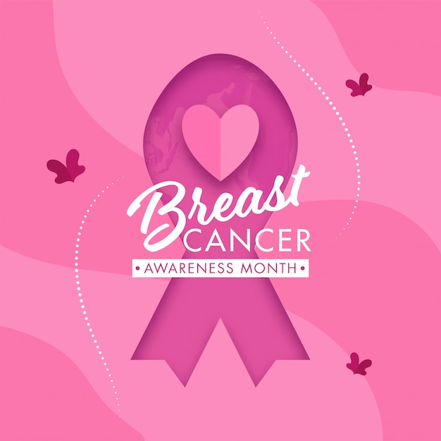 Pink Paper Cut Breast Cancer Ribbon Background with Flying Butterflies for Awareness Month Concept.