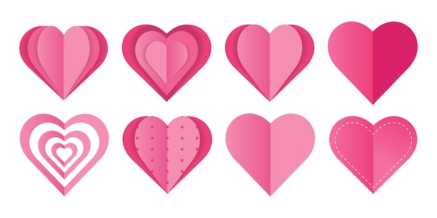 Pink paper heart isolated on white background Cute love set