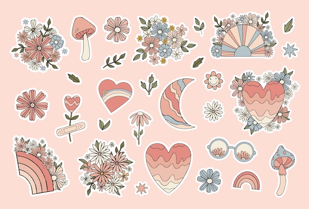 Vector pink pastel color flowers stickers. moon, leaves, flowers, rainbows set stikers for diary.