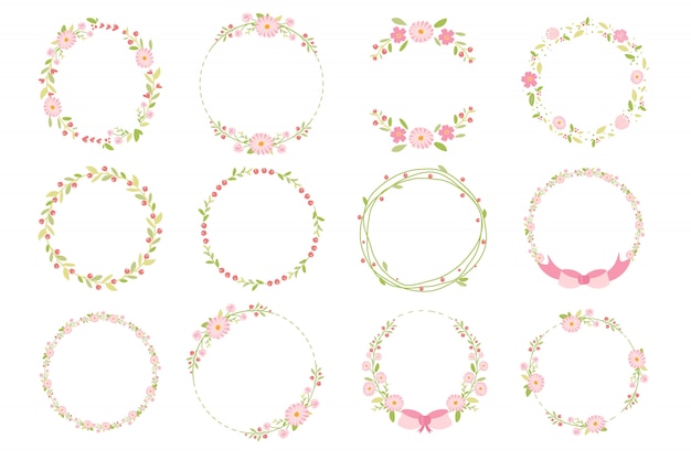 Pink pastel daisy spring wreath doodle flat style collection