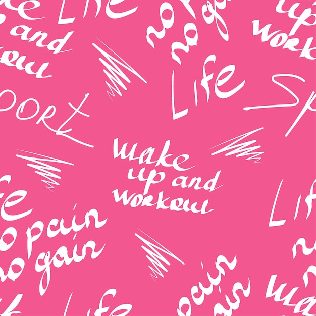 pink pattern for sportswear textiles for girls and women, graffiti and inscriptions about sports, motivation, healthy lifestyle